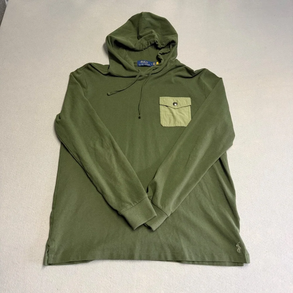 Polo Ralph Lauren Mens Olive Green Pique Hoodie Contrast Pocket Long Sleeve LG